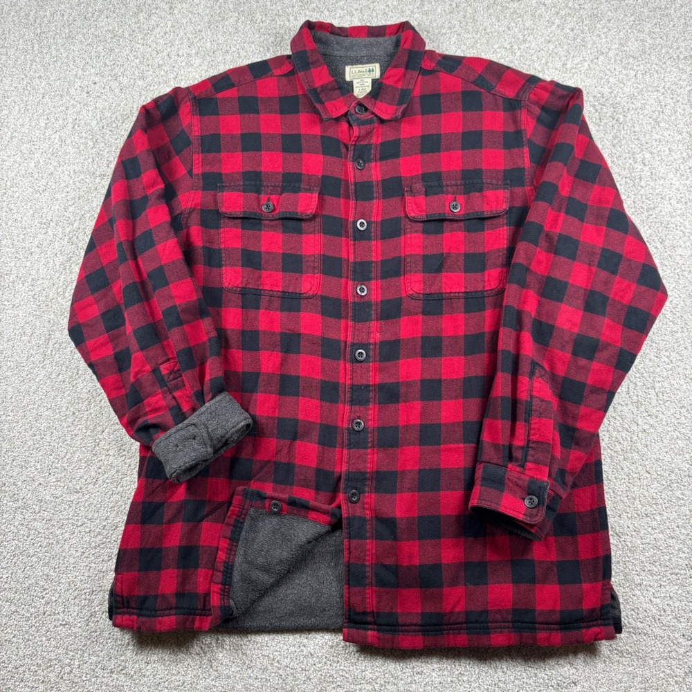 LL Bean Flannel Shirt Mens L Red Black Buffalo Plaid Fleece Lined 250393